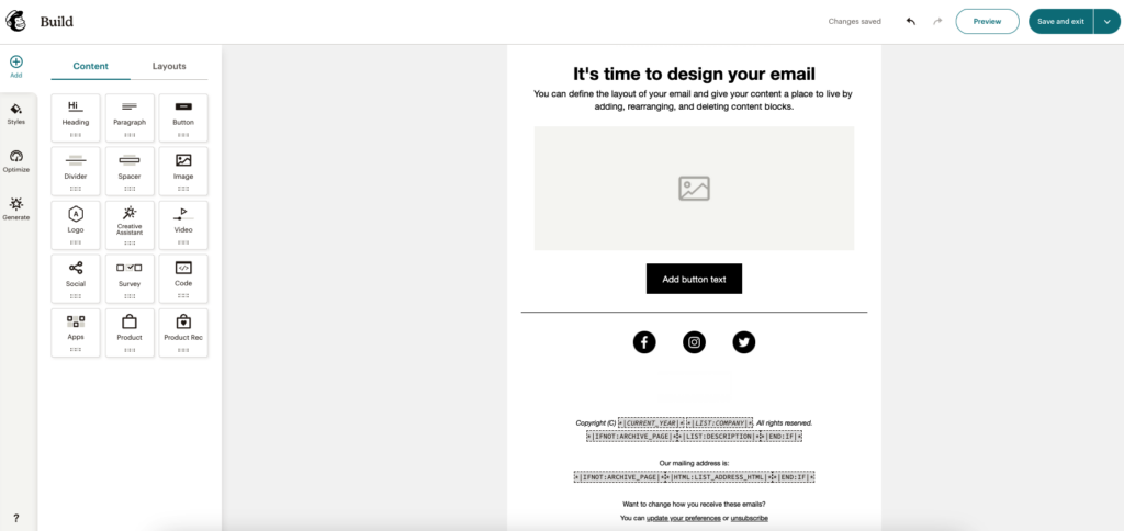 Mailchimp email campaign buidler