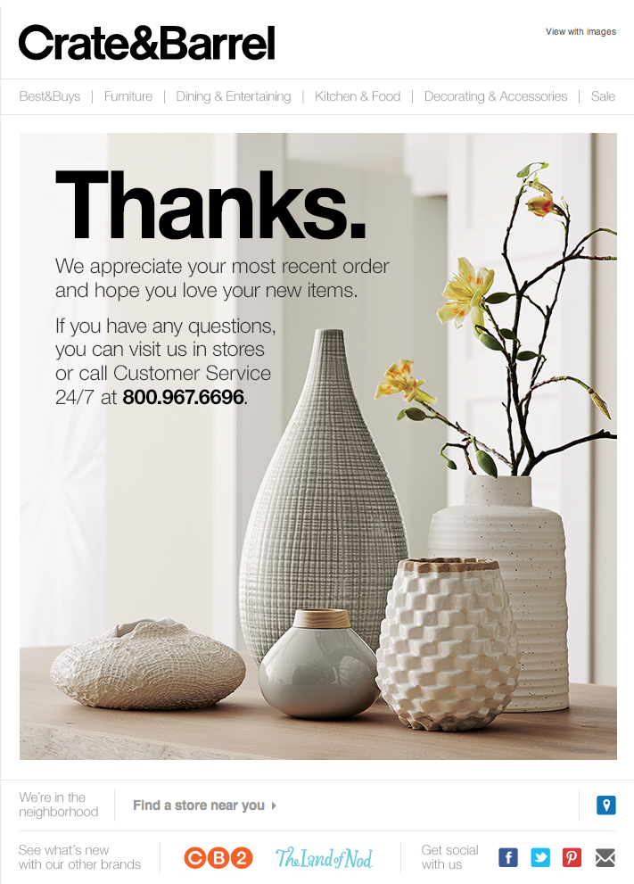 A concise thank you example by Crate & Barrel