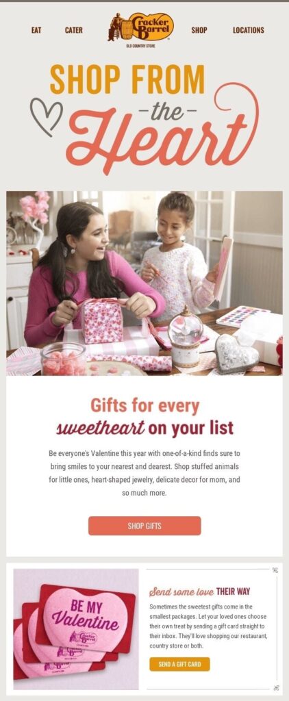 Valentine’s Day email example by Cracker Barrel