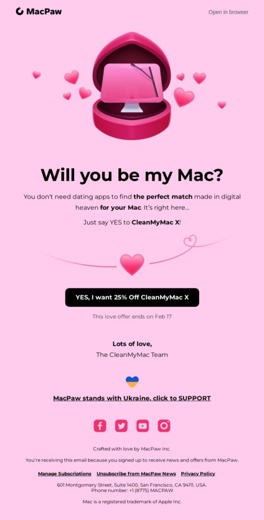 Valentine’s Day email example by MacPaw