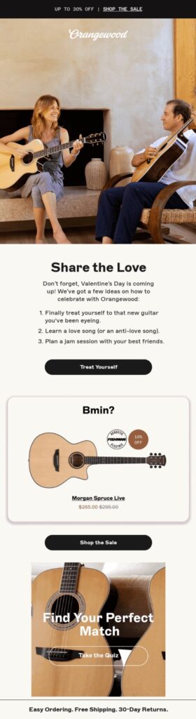 Valentine’s Day email example by Orangewood Guitars