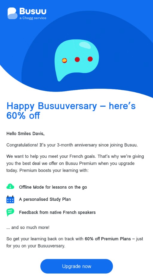 Birthday and anniversary email example by Busuu