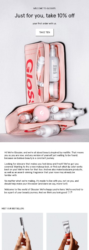 Welcome email example by Glossier